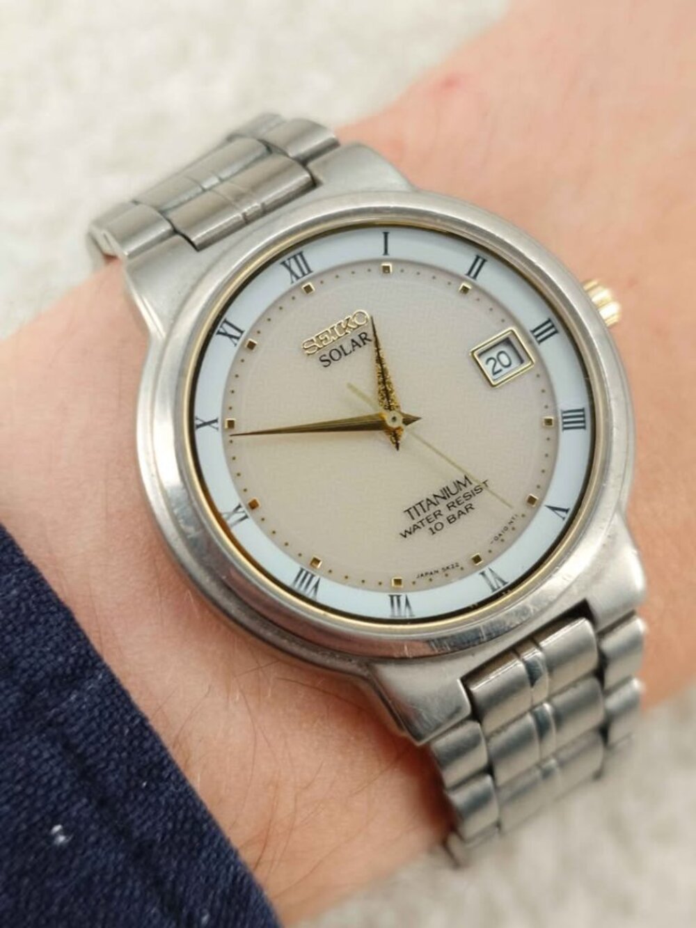 Seiko Solar Men's Watch 5K22-0A10 Titanium Two Tone Roman Dial JDM Vintage 34 mm